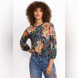 Johnny Was The Janie Favorite Puff Sleeve Knit Shirt Green Floral Paisley Small